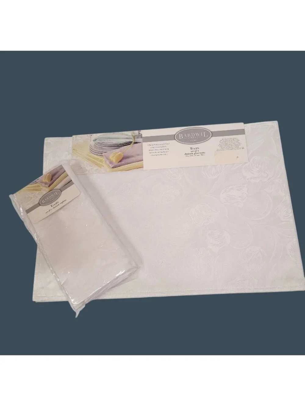 Bardwil Linens Tulips Damask Placemats & Napkins Set Of 4 White New